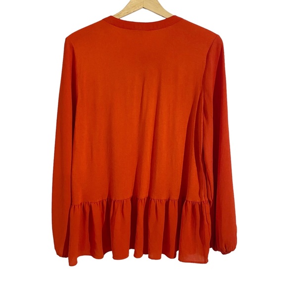 Loft Orange Red Tie Front Peasant Blouse With Ruffle Peplum Hem, Size Large - Picture 2 of 16